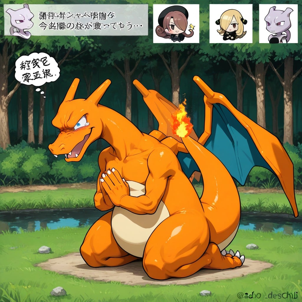 Extremely Simplified Style, Ashamed, Charizard Kneeling With Apologetic Expression AI Porn