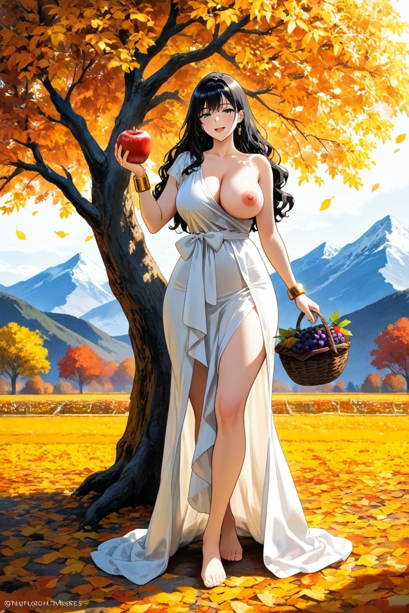 Long Wavy Hair, Large Apple Tree With Golden Apples, Mountain Ranges In Background Hentai AI Porn