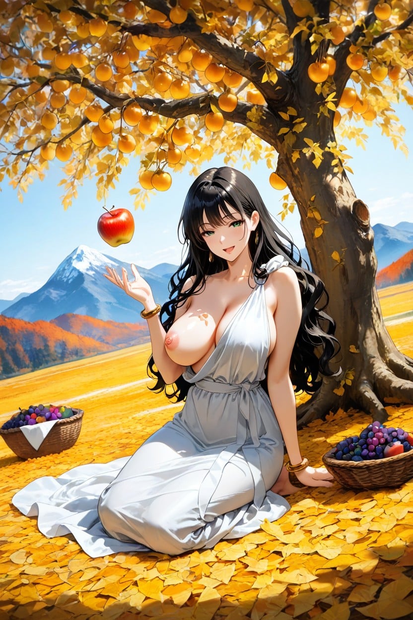 One Breast Exposed Bare, Golden Apples On Trees, Motherly Figure Hentai AI Porn
