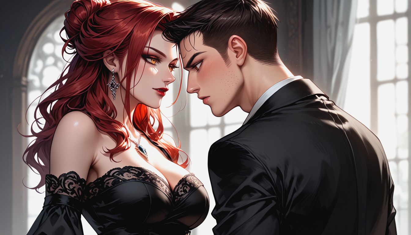 Bare Shoulders, 18+, Deep Crimson Velvet Gown Hentai AI Porn