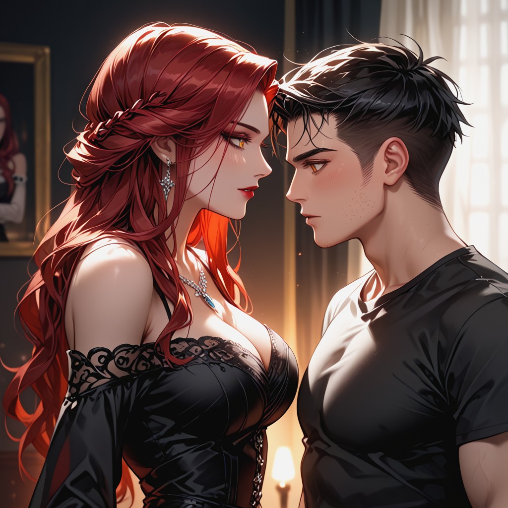 Rounded Hips, Beautiful Female And Male, Messy Black Hair Medium Length Hentai AI Porn