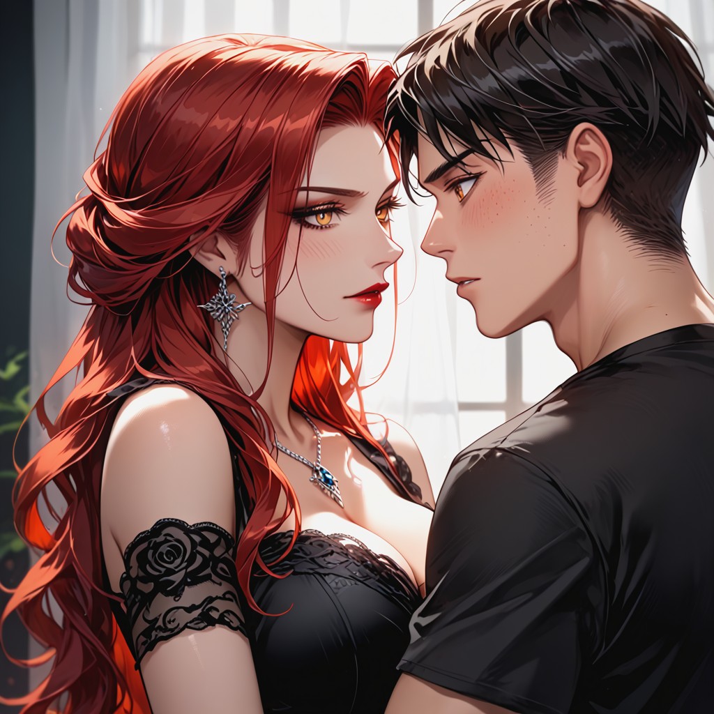 Duo, Standing In Dark Gothic Salon, Soft Depth Of Field Hentai AI Porn