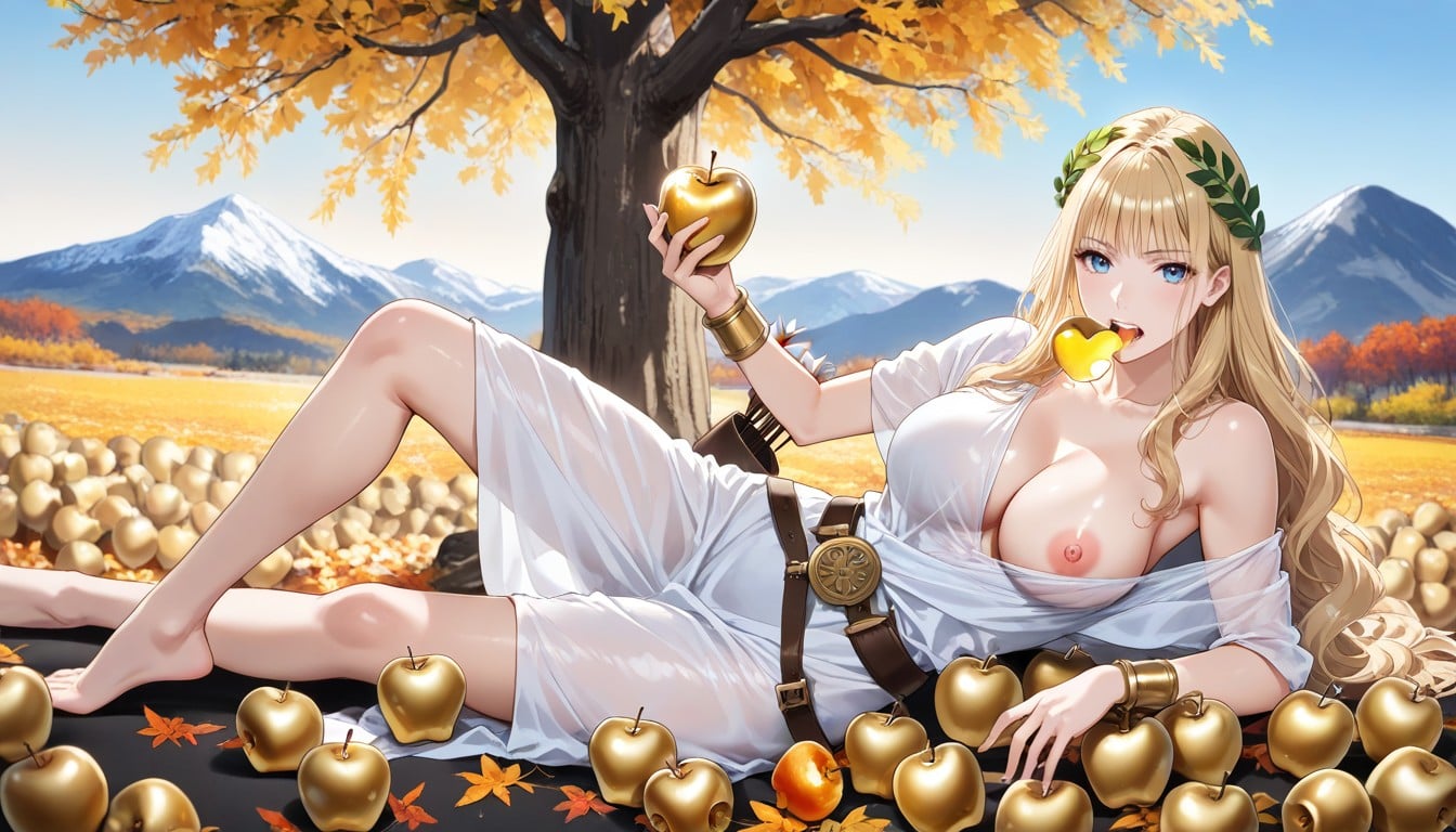 Hard Shadow, Many Leaves On The Ground, Oversized Golden Bracelet On One Hand Hentai AI Porn