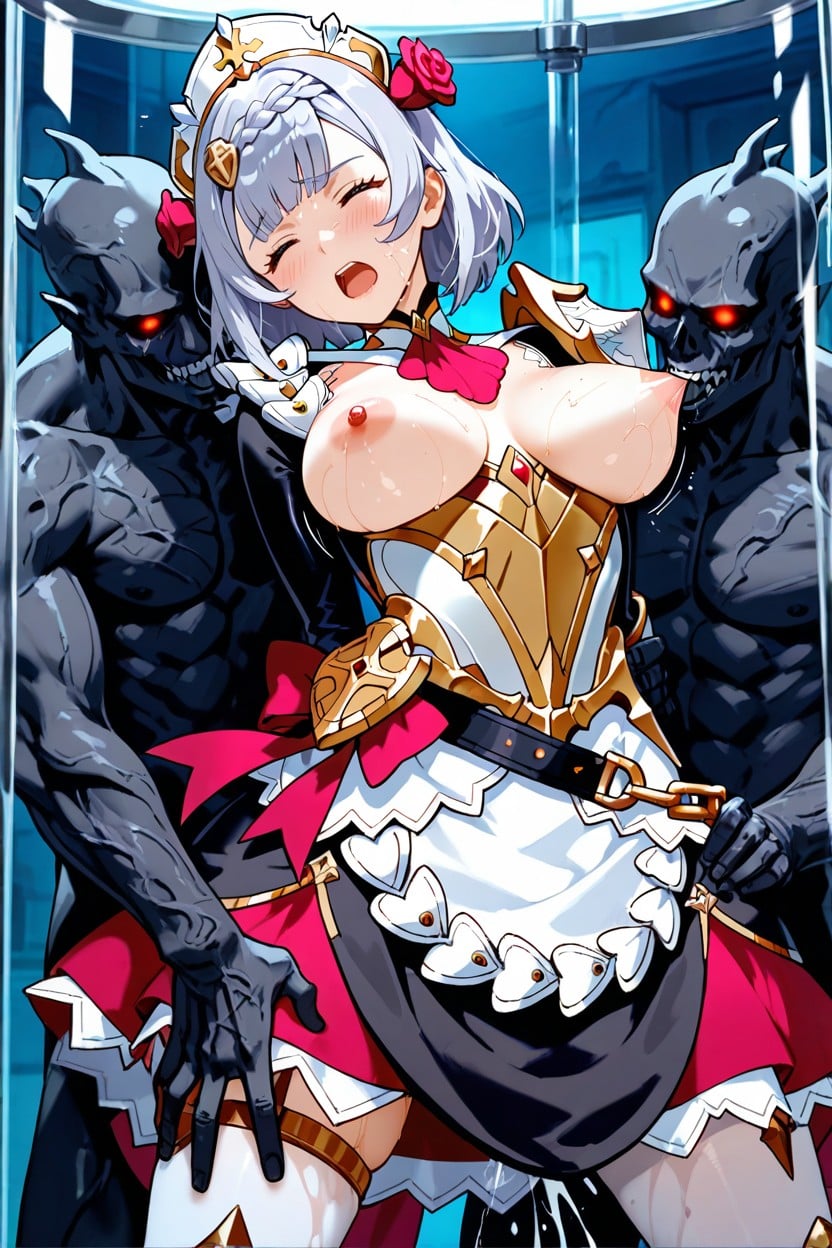 In Laboratory, Black Monster, White Stockings With Gold Armor Parts Hentai AI Porn