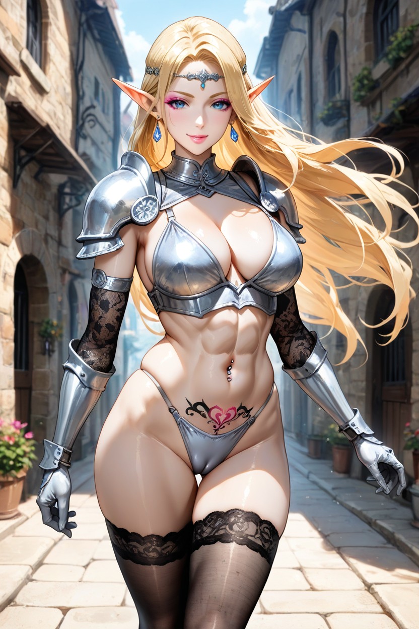 Cleavage, Silver Armor Gloves, Elf Ears Hentai AI Porn