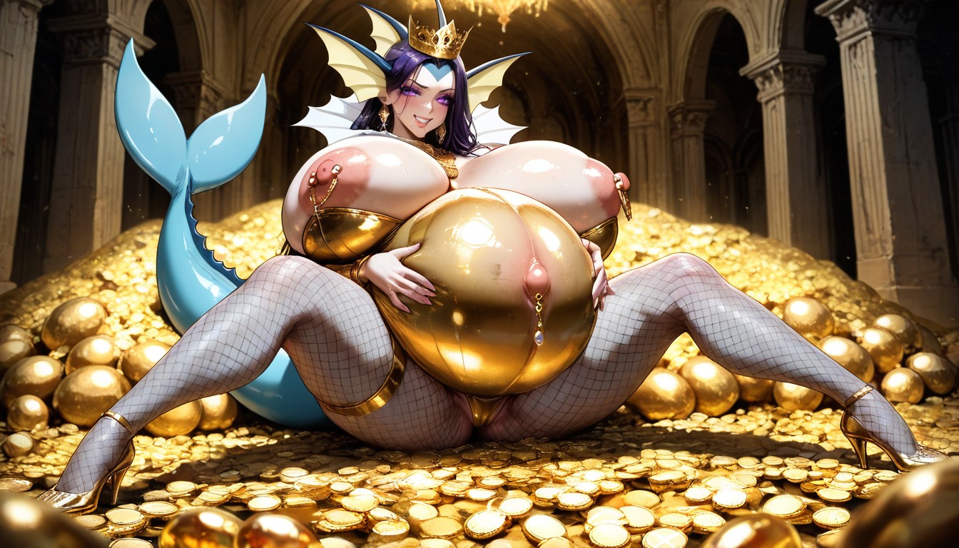 Very Blushed, Many Golden Eggs On Floor, Huge Fake Bimbo Tits Hentai AI Porn