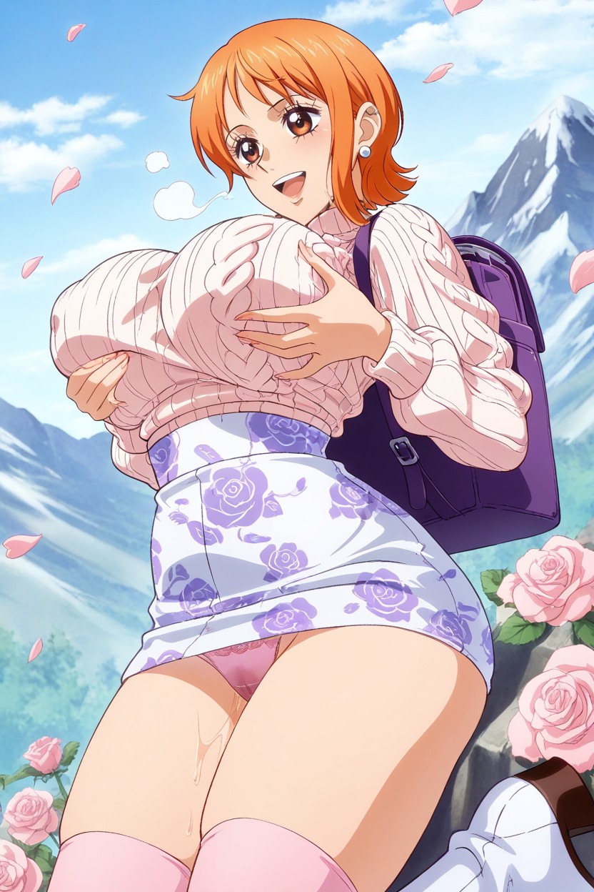 Sakura Garden, Pencil Blue Floral Print Skirt, Large Eyes Hentai AI Porn