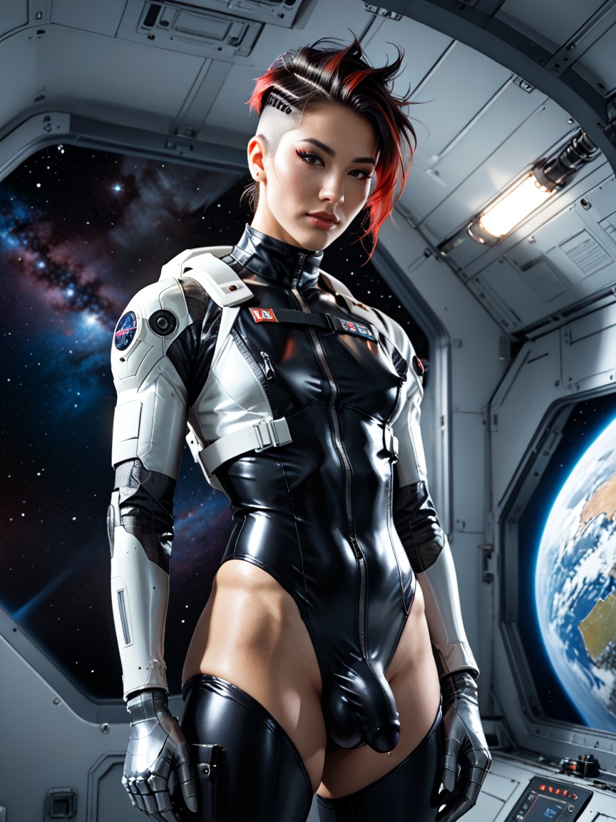Firing Futuristic Gun, Female Cyborg, Pale Skin Shemale AI Porn