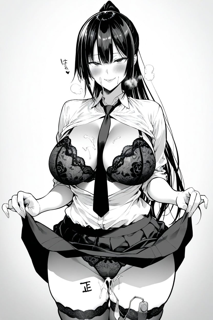 Monochrome, Ponytail, White Background Hentai AI Porn