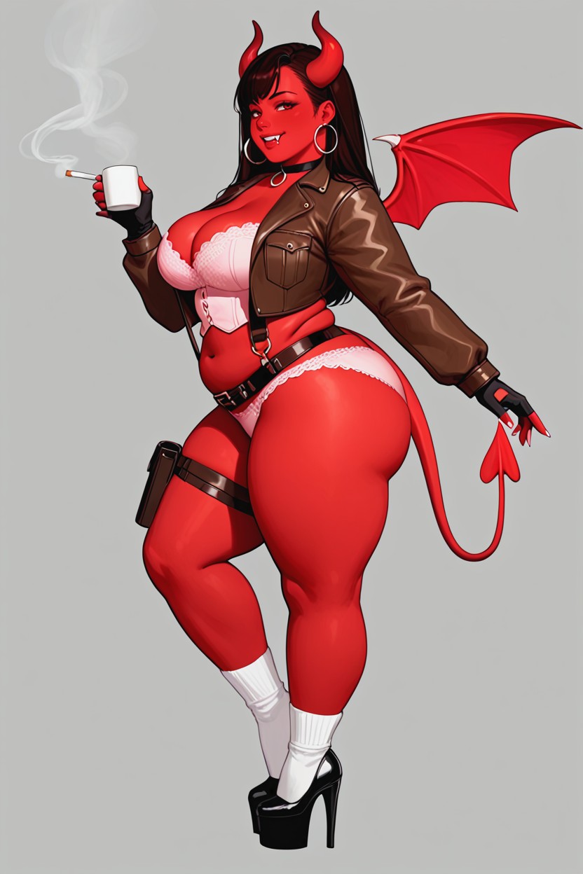 Holding A Cigarette And A Mug Of Coffee, All Skin Is Smooth Red, Highly Detailed BBW AI Porn