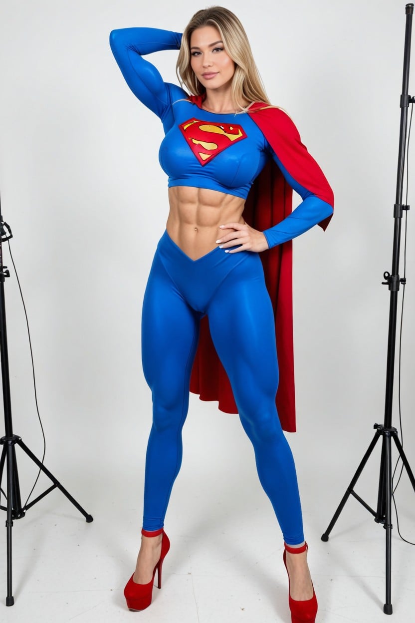 Red Cape, Extremely Muscular White Man Standing With Huge Crotch Bulge Hanging To His Ankles, Muscular AI Porn