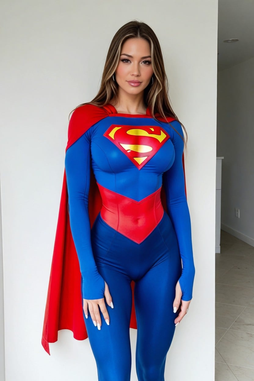 Shiny Spandex Leggings Covering His Massive Giant Bulge Outline In Superman Costume, Safe For Work, Six Pack Abs AI Porn