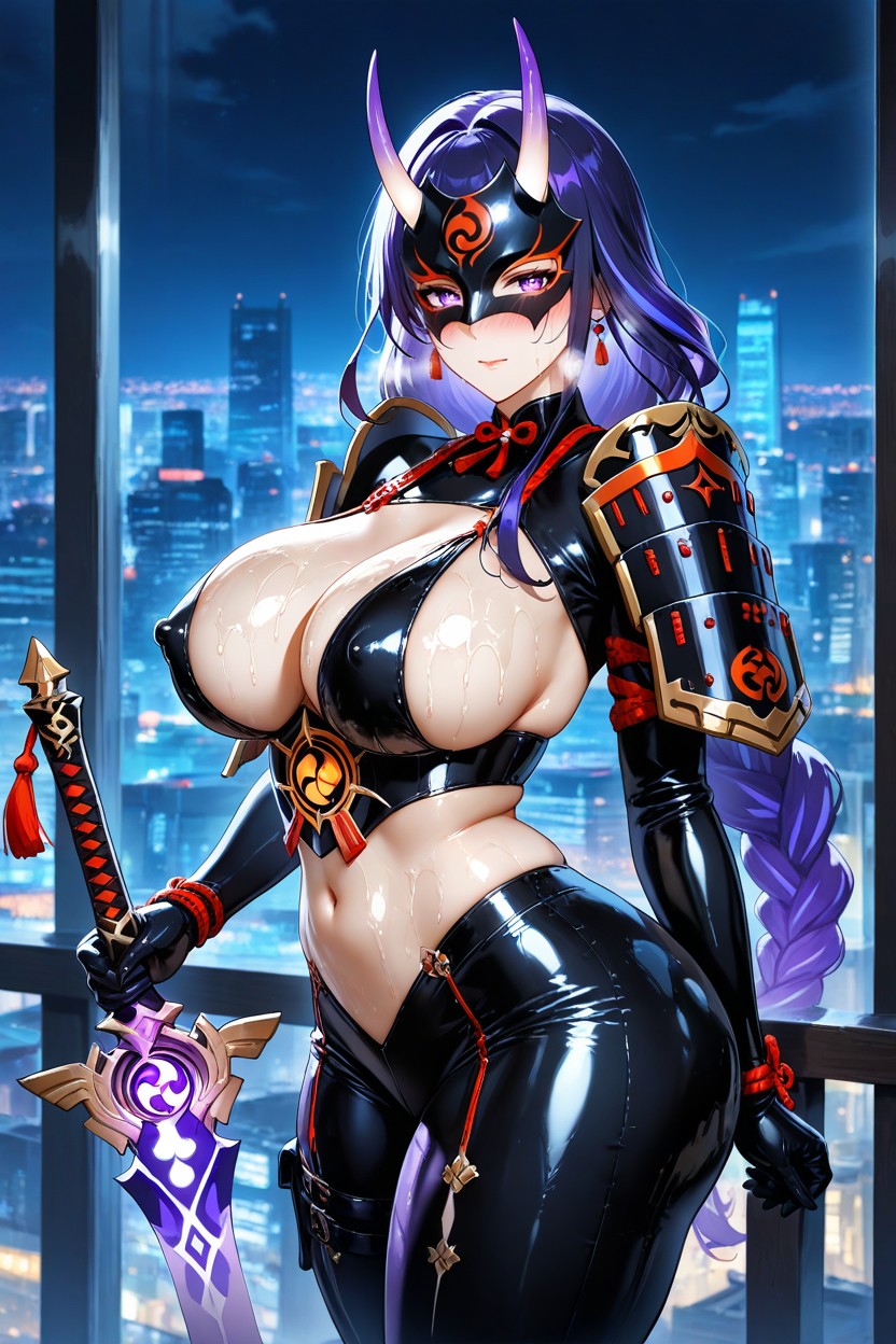 Purple Hair, Model, Curvy Body Hentai AI Porn