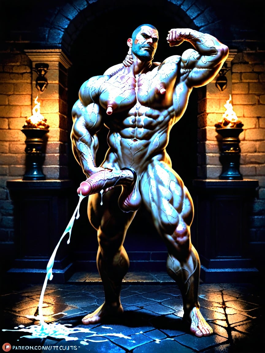 En Sueur, Debout, Completely Erect Fat Turgid Monster Uncut Penis Porno IA Gay