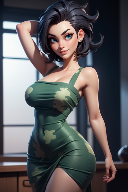 Strapless Top, Blue Eyes, Mohawk Hairstyle Shaved Bald On The Sides Hentai AI Porn