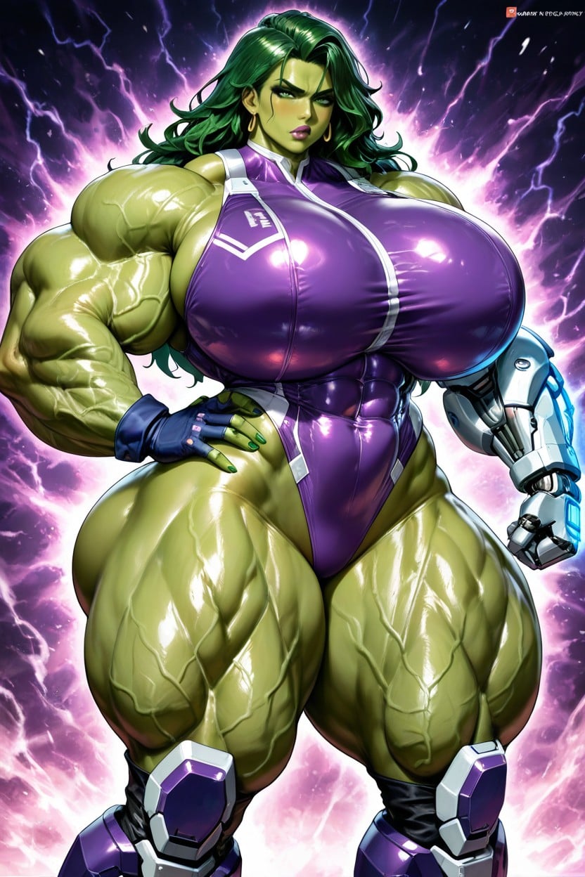 Green Eyes, Hyper Gigantic Muscles, Cybernetic Arm Hentai AI Porn