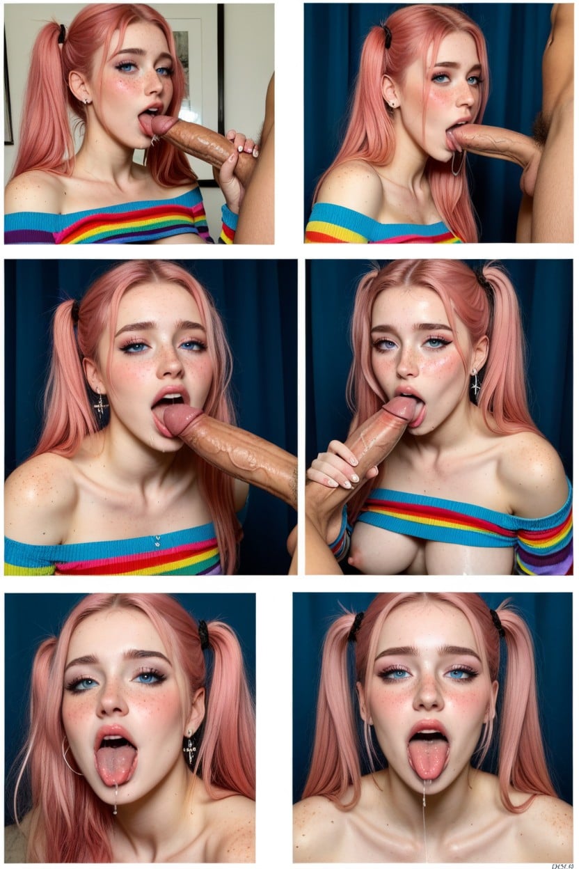 Ahegao, Squatting Masturbating Rubbing Clit, Rainbow Striped Cotton Sweater AI Porn