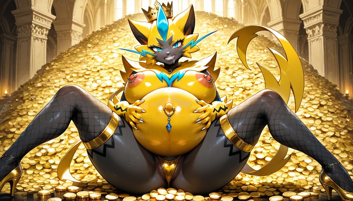 Palace, Sitting On Large Pile Of Gold, Very Blushed Hentai AI Porn