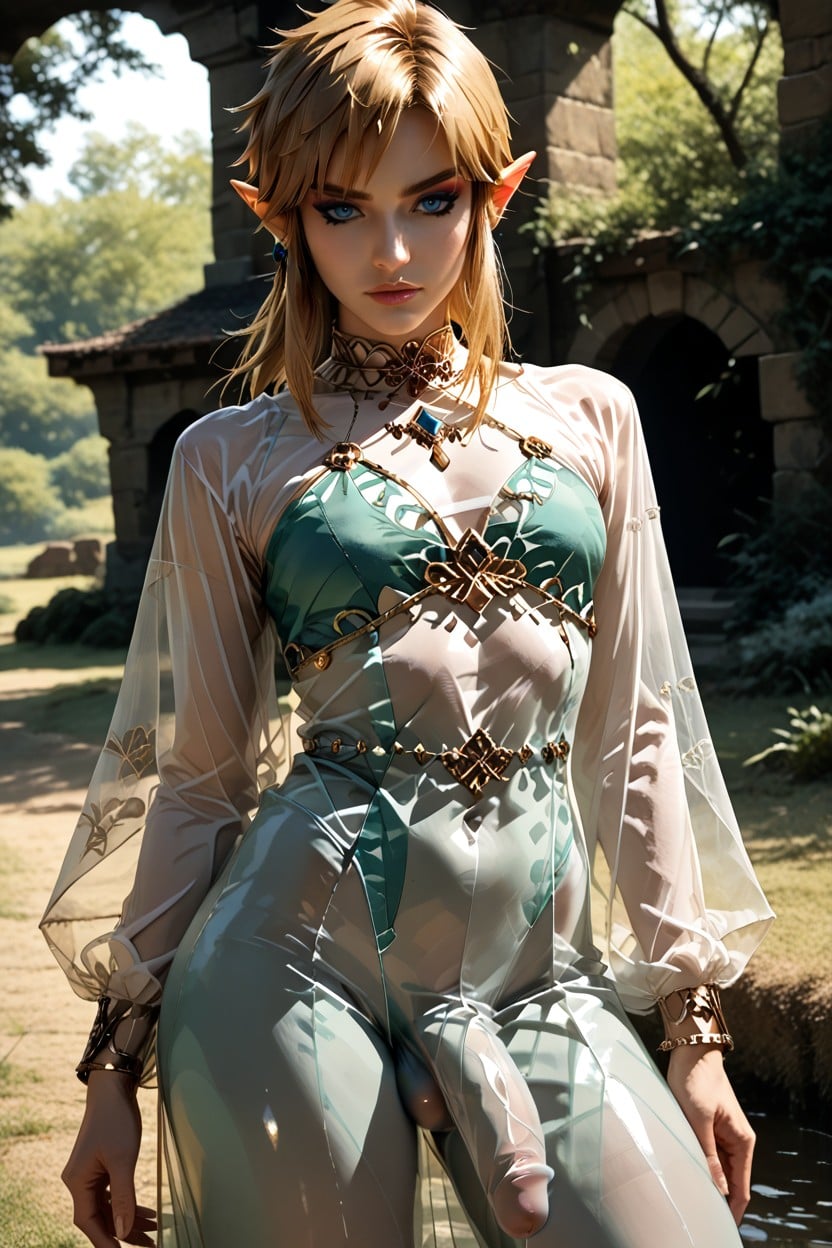 Skinny, Highly Detailed Ballsack Bulge, Triforce Jewelry Shemale AI Porn
