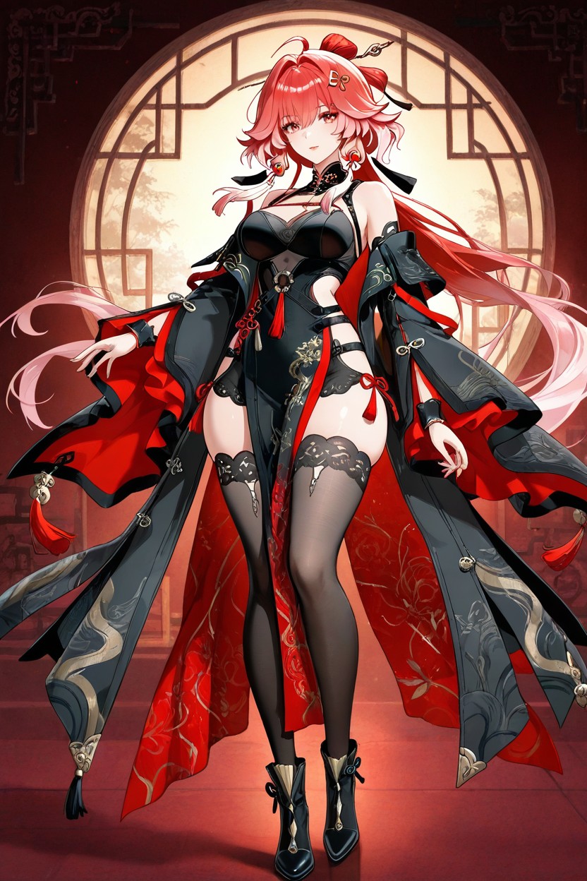 Soft Pink Hair, Feminine, Long Black Coat With Wide Sleeves Hentai AI Porn
