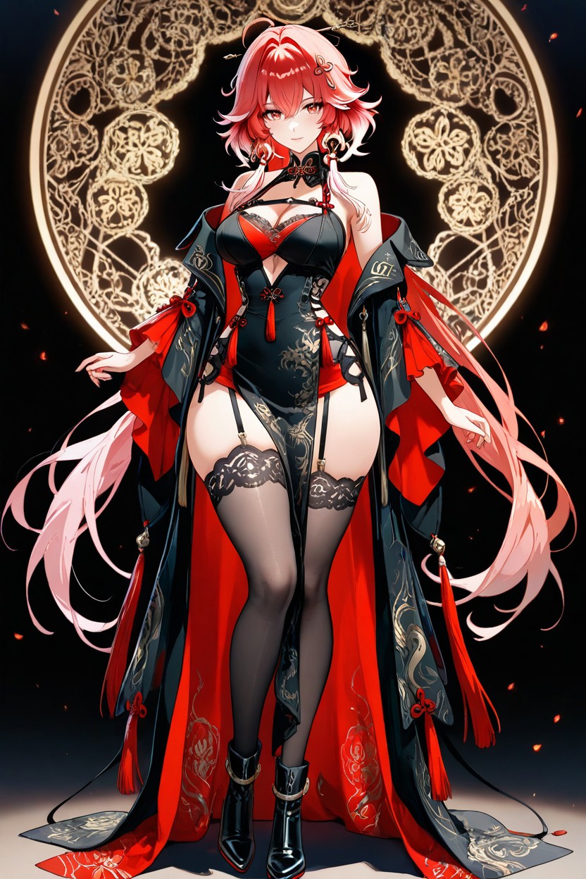 Red Accents On Coat Cuffs, Long Black Coat With Wide Sleeves, Feminine Hentai AI Porn