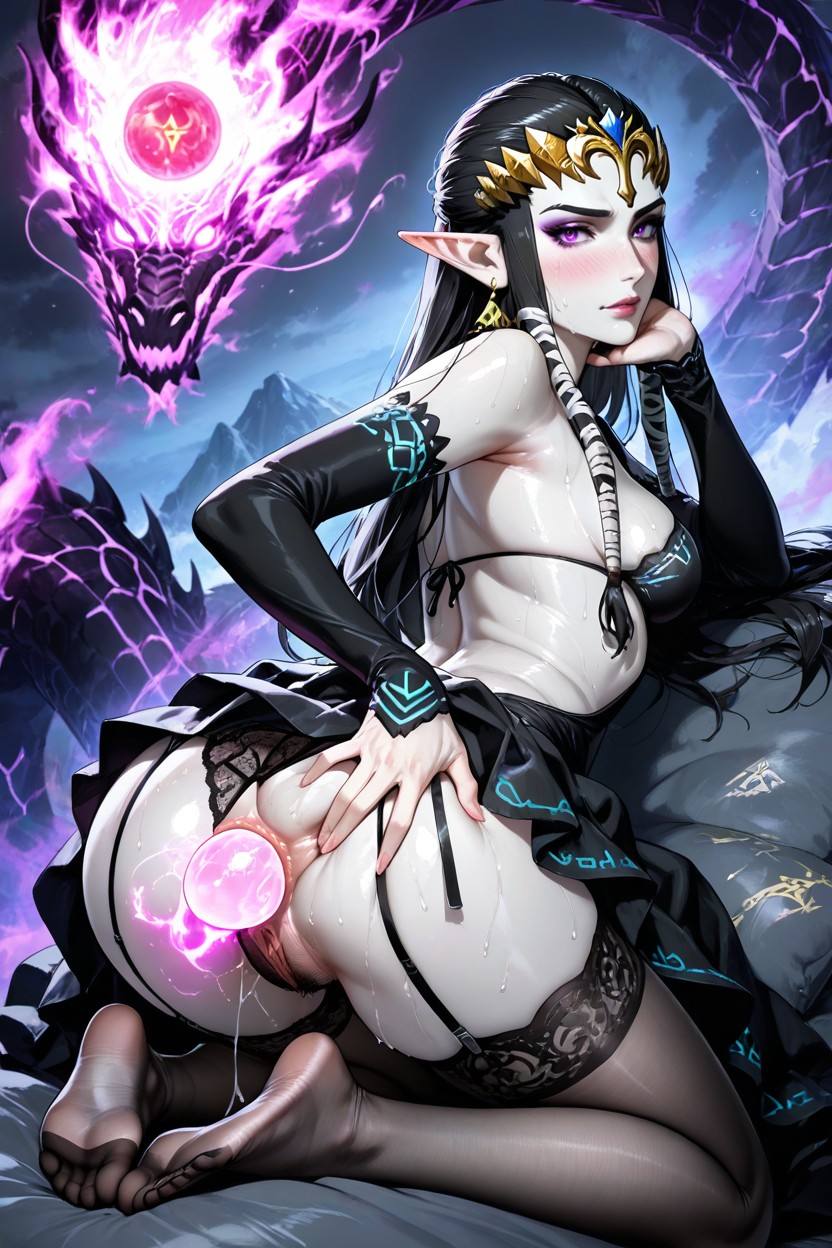 Black Garters And Stockings, Long Black Hair, Purple Eyes Hentai AI Porn