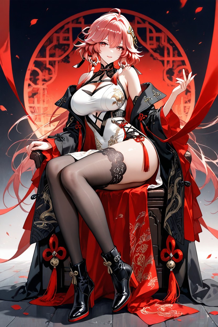 Anime Woman, Large Breasts, Long Black Coat With Wide Sleeves Hentai AI Porn
