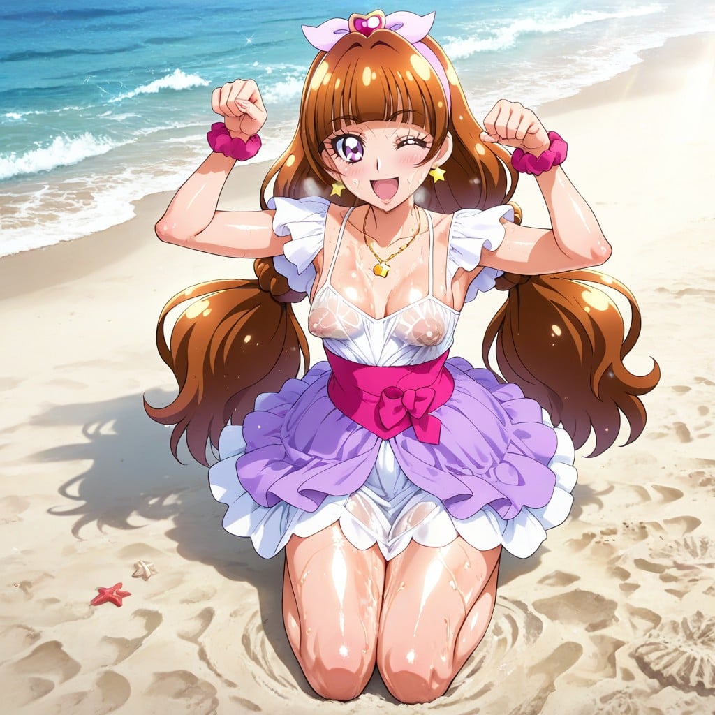 Cat Pose, Wink, Beach AI Porn
