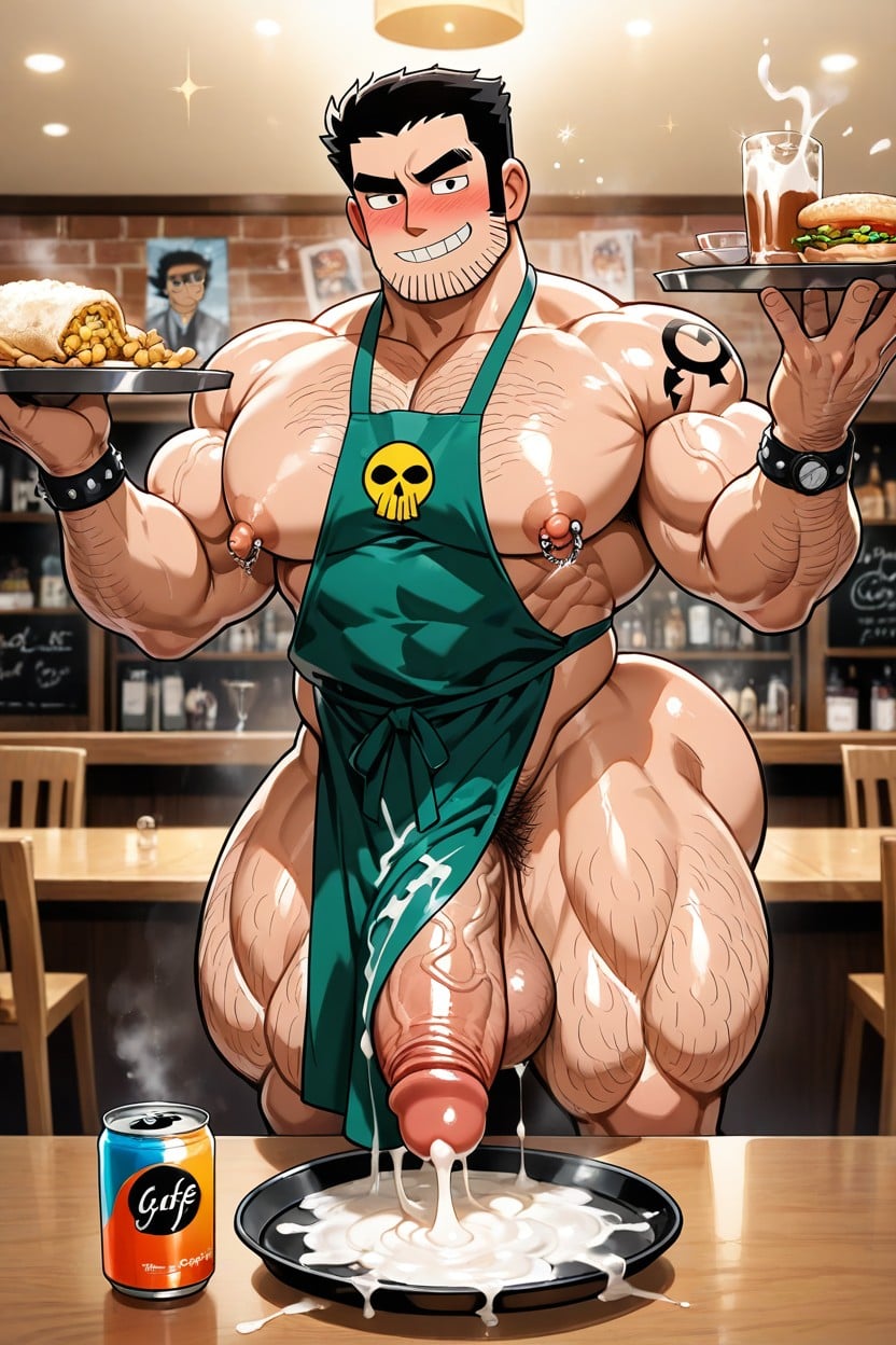 Cafe, Giant Dick, Showing Penis With Other Hand AI Gay Porn