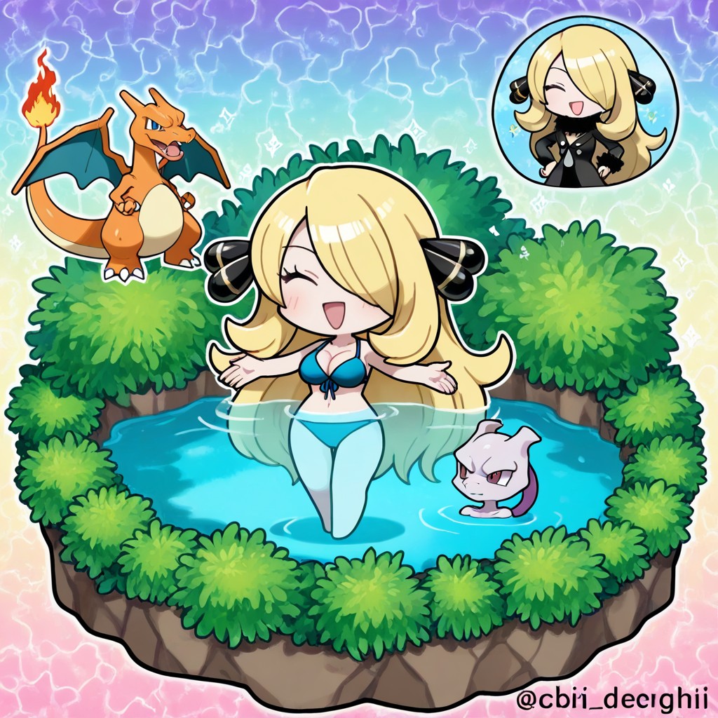 Shining Highlights And Soft Pastel Tones, Chiibi Proportion, Cynthia Wears Bikini AI Porn