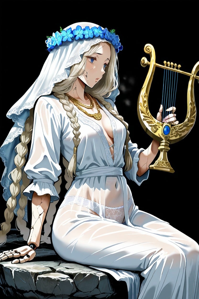 Holding Silver Lyre, Cracked Skin, White Veil Hentai AI Porn