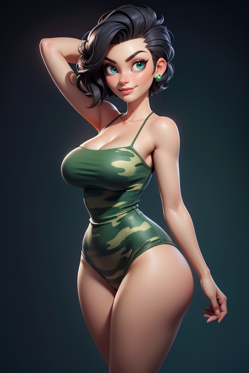 25+, One-piece Swimsuit, Green Military Camouflage Dress Hentai AI Porn