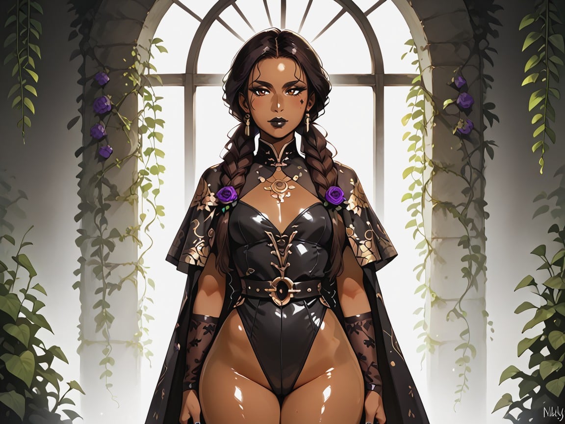 Dark Brown Skin, Woman Holding Passionflower Vine With Forbidden Fruit, Small Breasts Latina AI Porn