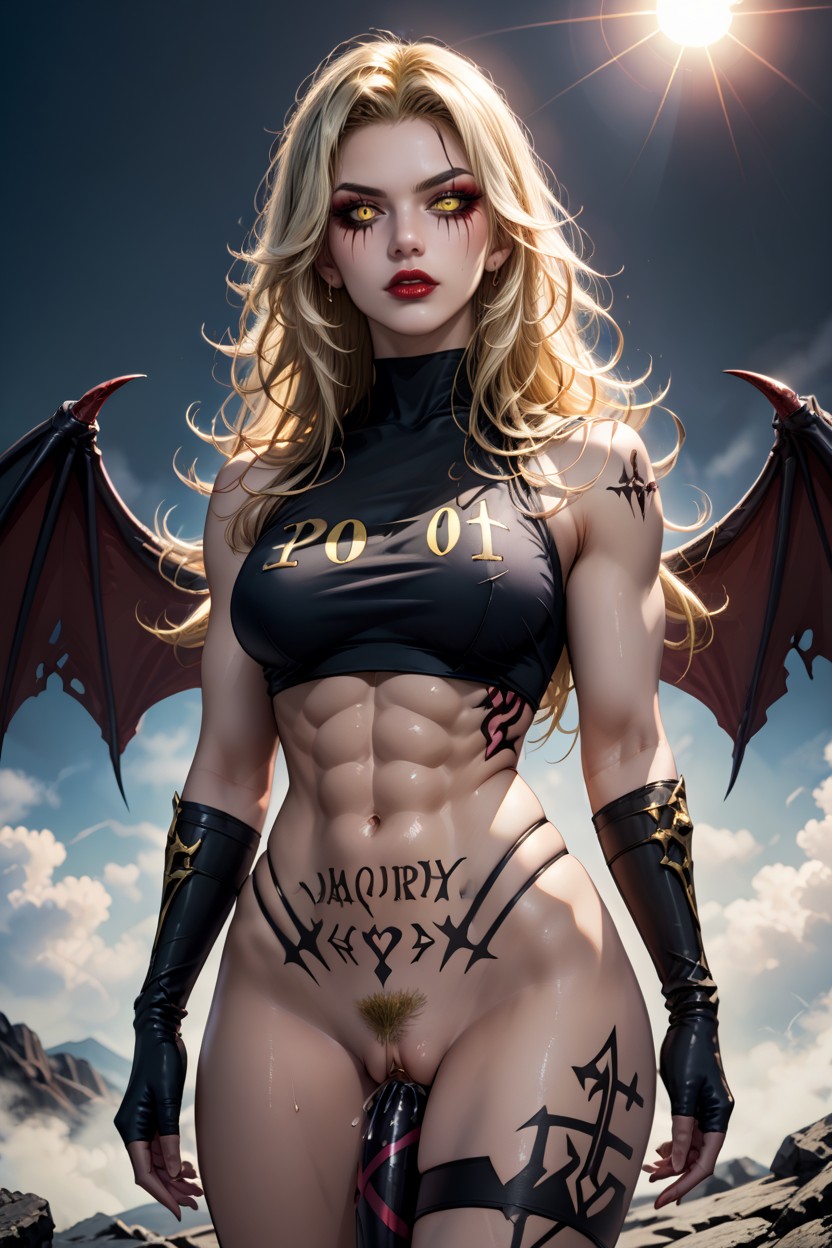 And Body Script Says "slut For Demons", Nude, Large Black Demonic Wings Folded Behind Her Back AI Porn
