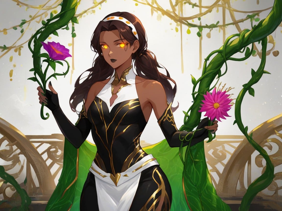 Wearing Print Black Goddess Clothes, Neon Flora In Background, Print Elbow Gloves Hentai AI Porn