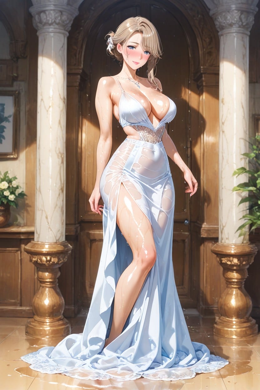 Oiled Body, Perky Tits, Wearing Lacy White Dress With Open Back AI Porn