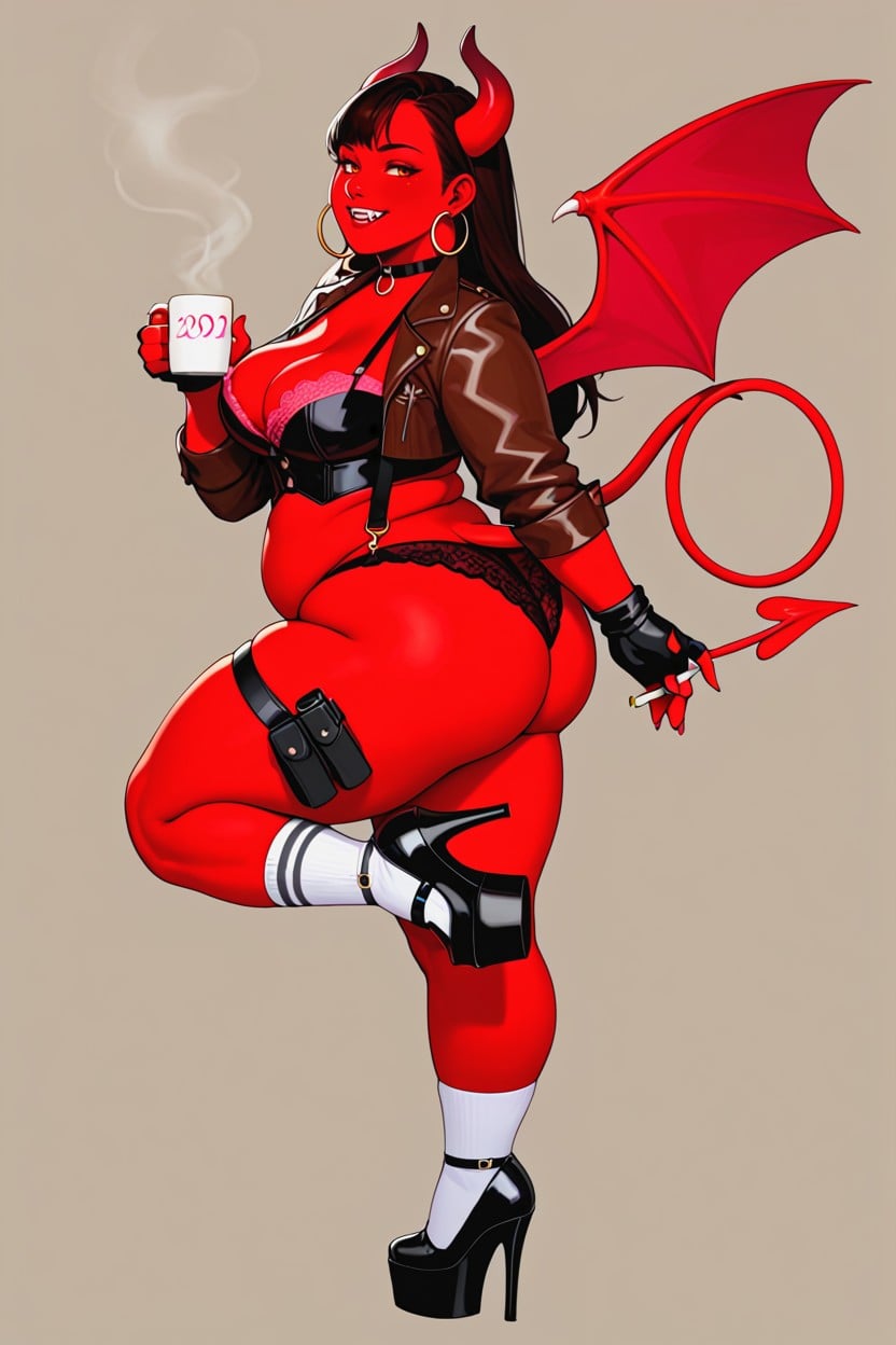 Showing Round Butt With A Red Devil Tail, Standing On One Foot, Curvy Thick Body BBW AI Porn