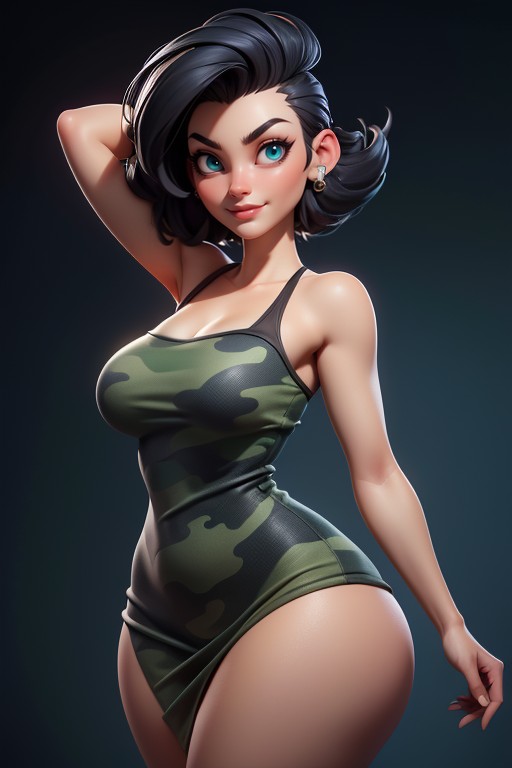 One-piece Swimsuit, Black Hair In A Mohawk Hair Style, Thick Hentai AI Porn