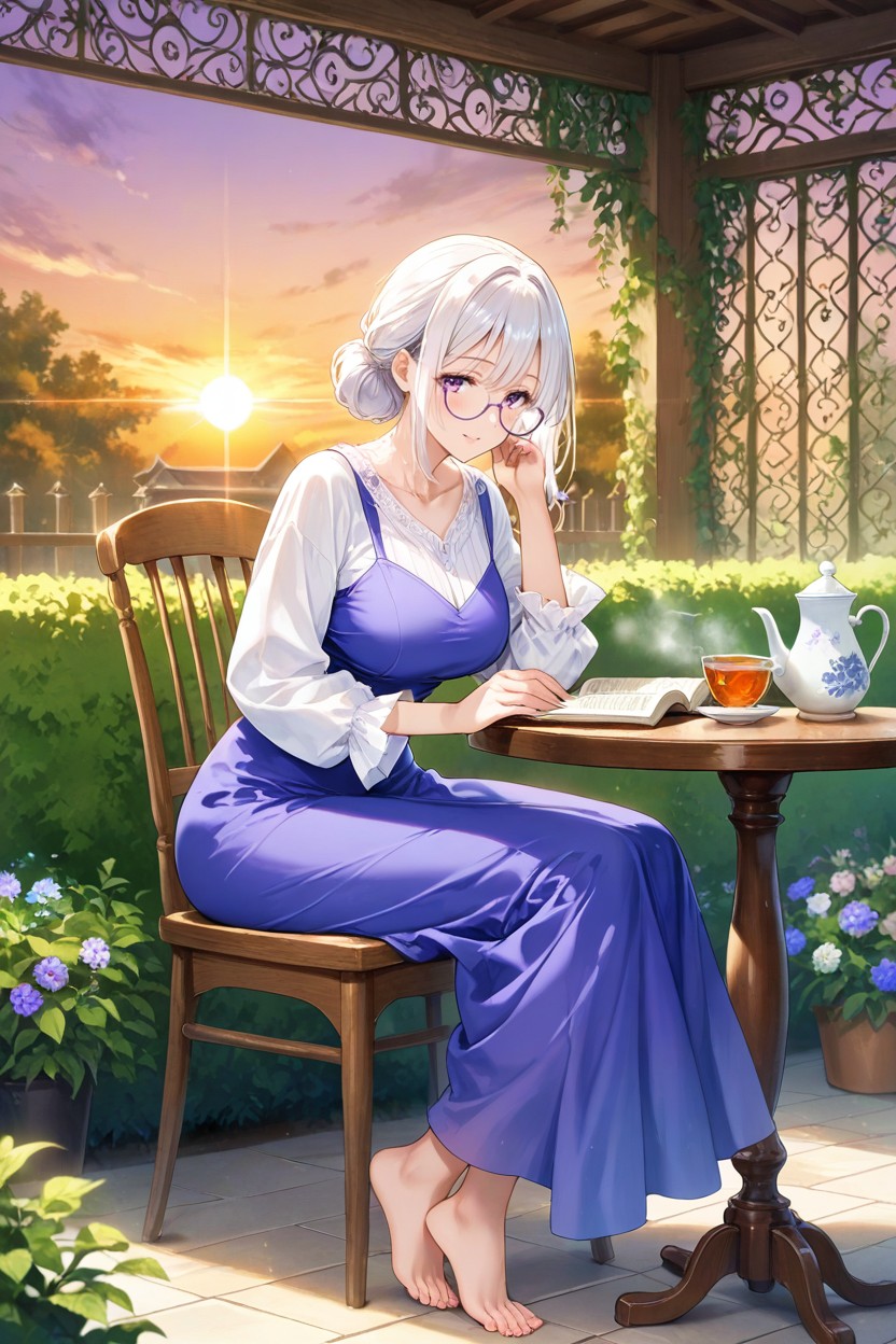 The Garden Has Large Hedge Walls, She Is Wearing Round Glasses, God Rays Hentai AI Porn