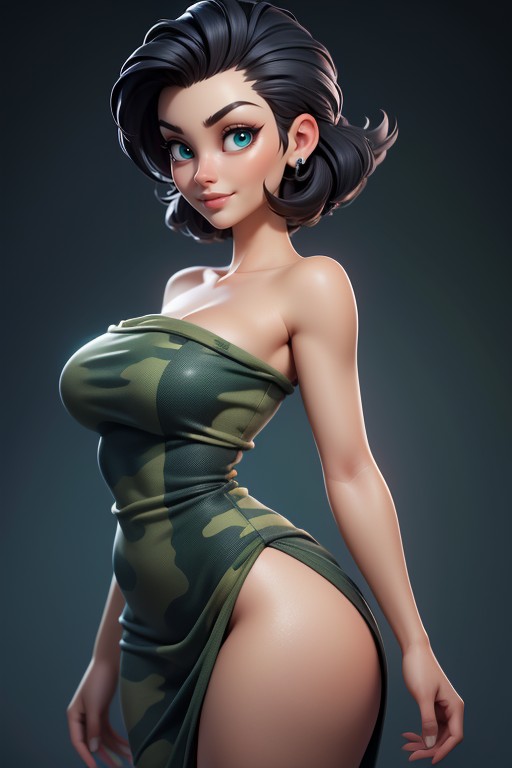 Black Hair In A Mohawk Hair Style On Bald Head, Rear View, Green Military Camouflage Dress Hentai AI Porn