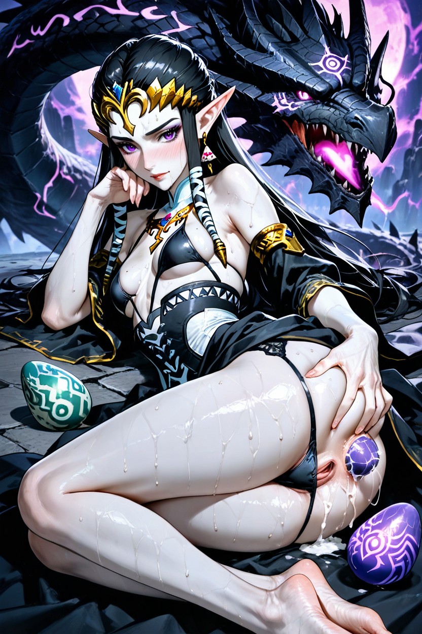 Twilight Princess Zelda Fully Clothed, Pale Skin, Perfect Face Black Dress Hentai AI Porn
