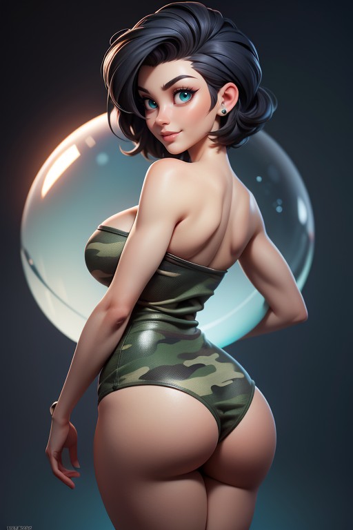 Shaved Bald On The Sides Of Head, Sexy Woman, Rear View Of Massive Ass Bubble Shaped Ass Hentai AI Porn