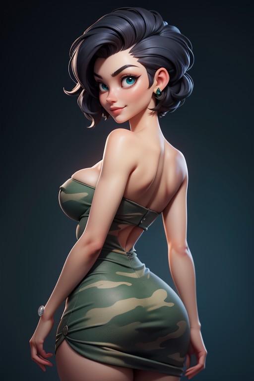 Shaved Bald On The Sides Of Head, Sexy Woman, Dress With Green Military Camouflage Patterns Hentai AI Porn