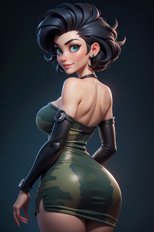 Bald On The Sides, Dress With Green Military Camouflage Patterns, Sexy Smile Hentai AI Porn