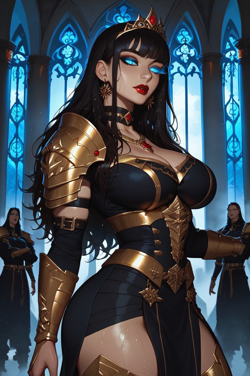 Deep V Cleavage, Dimly Lit, Massive Dragon-head Pauldrons With Molten Ruby Eyes AI Porn