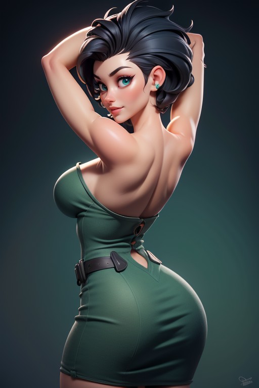 Sexy Woman, Large Breasts, Green Military Camouflage Dress Hentai AI Porn