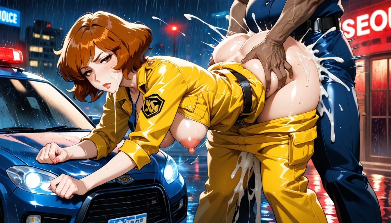 Police Car, Yellow Jumpsuit, Storefront Window Hentai AI Porn