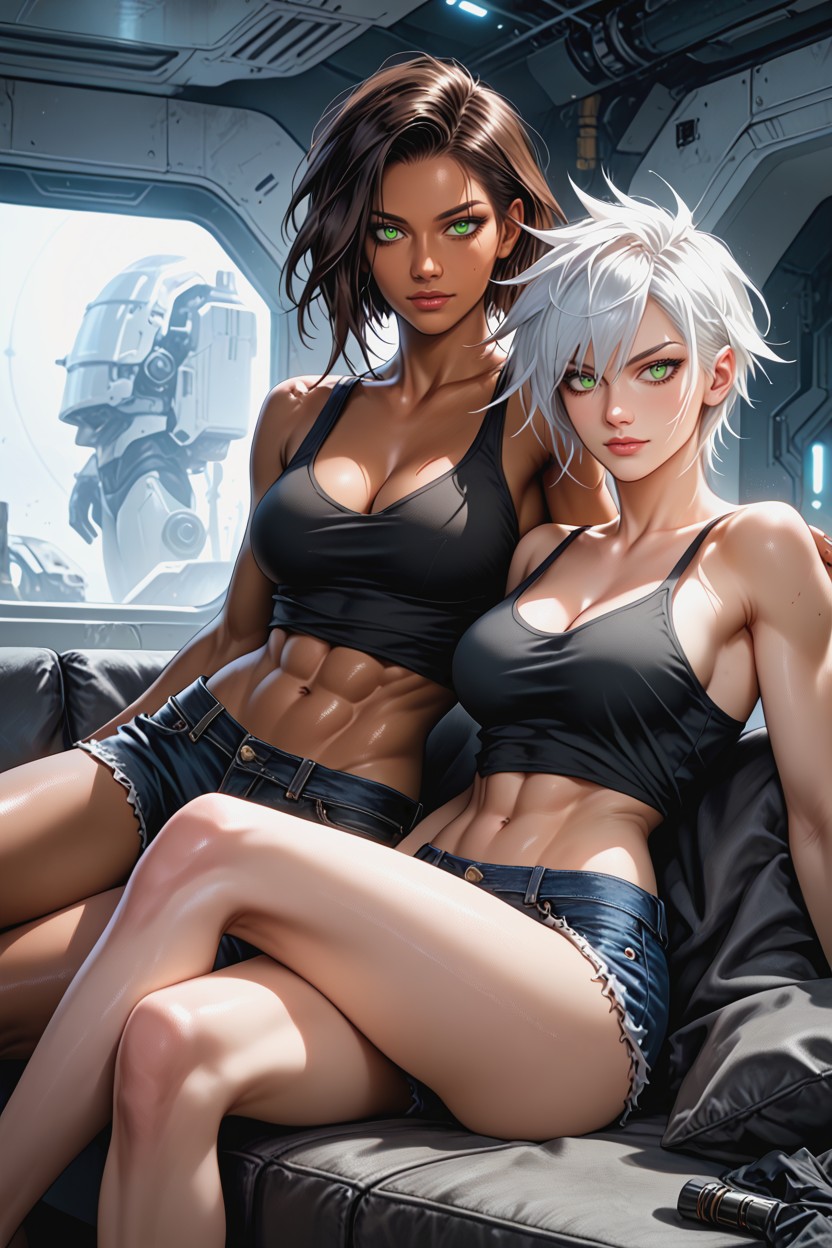 2 People, Highly Detailed, Jean Shorts Hentai AI Porn