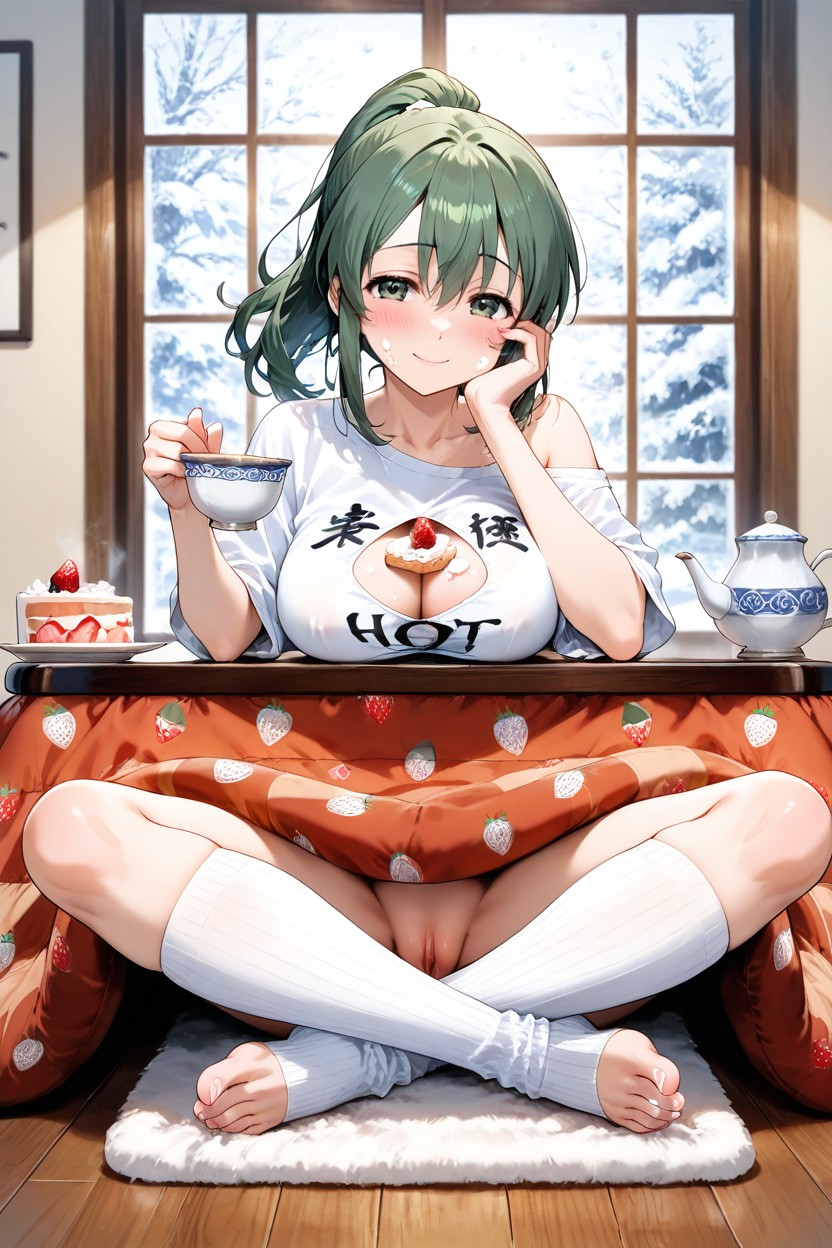 Bare Feet, Cutout On Breasts, Cup Of Hot Tea In Hand Hentai AI Porn
