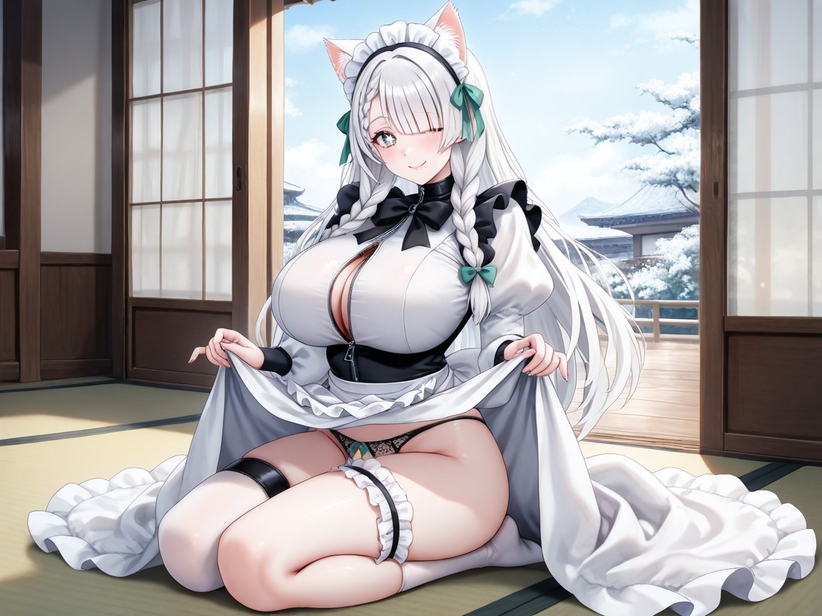Perfect Anatomy, White Hair, Black Neck Bow Hentai AI Porn